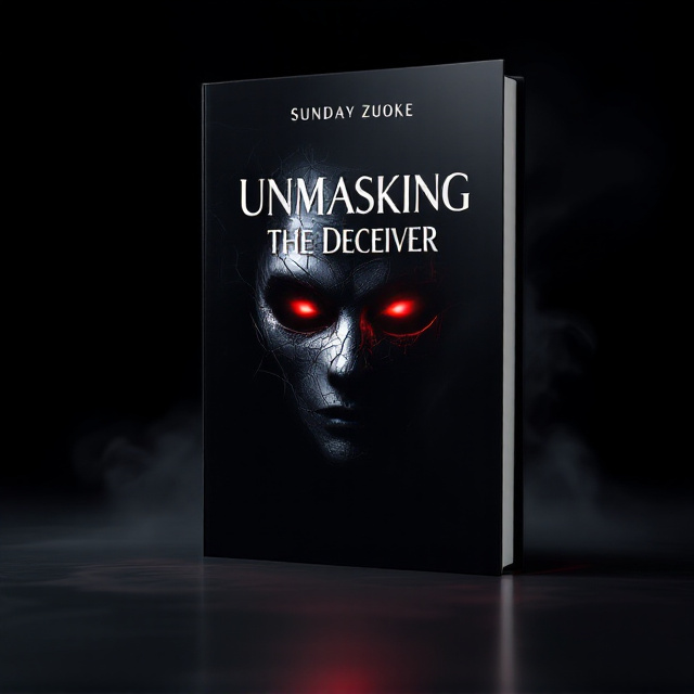 A dark, gradient black background transitions to ominous shadows towards the edges. In the center, a partially revealed dark face emerges from the shadows, with glowing red eyes piercing through the darkness. The face is partially covered by a metallic, cracked mask, giving the impression of it gradually being pulled off. Wisps of smoky trails swirl around the face, adding to the atmosphere of mystery and suspense. Subtle but detailed textures appear in the shadows, evoking a sense of dread and intrigue.