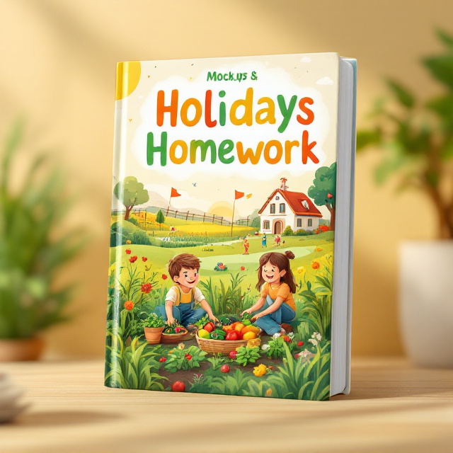 A vibrant illustration showcasing a group of cheerful children sitting in a lush green field while joyfully working together to plant a fruit and vegetable garden. Surrounding them are vivid, golden sunlit skies with soft, white, fluffy clouds. A basket of freshly harvested food sits beside them. The backdrop includes a view of a small, charming school with bright flags blowing in the wind. The overall tone is warm, inviting, and nurturing, representing growth and abundance.