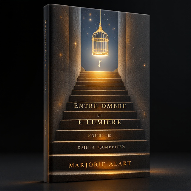 The cover features a serene, ethereal background transitioning between dark shadows and shimmering golden light. In the foreground is a narrow pathway made of stone steps (escalier en cailloux), leading upwards into the glow. At the top of the stairs, a golden cage hangs delicately, slightly ajar. Suspended in midair near the cage is an elegant antique key, shining as it catches the light. The overall imagery conveys a sense of ascension, mystery, and divine balance between shadow and light.