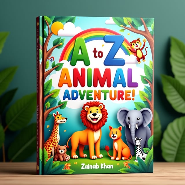 A vibrant, playful jungle scene as the backdrop with lush greenery, colorful trees, and vines. There’s a smiling lion standing proudly in the center with a monkey swinging from vines above him. An elephant holds the letter "E" with its trunk while a zebra waves on the right corner, next to the letter "Z." Scattered throughout the scene, other animals, such as alligators, bears, cats, and more, are interacting with large, colorful letters (A to Z) creatively placed across the jungle floor and hanging from branches. The sky has a bright, cheerful sun with fluffy clouds and a striking rainbow stretching across the top. At the bottom corner, a group of smiling children is seen sitting and happily coloring pictures of animals.