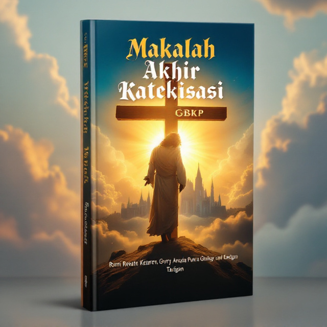 The cover features a dramatic and heartfelt scene of Jesus carrying a wooden cross, etched with the word "GBKP" prominently displayed on the horizontal beam of the cross. A glowing golden-yellow light illuminates the scene, emanating from behind a majestic blue-stone church silhouetted in the background. The cross is centralized and stands against a subtle gradient background blending blue and orange, evoking hope and spirituality. The elements are framed by soft clouds to enhance the celestial atmosphere.