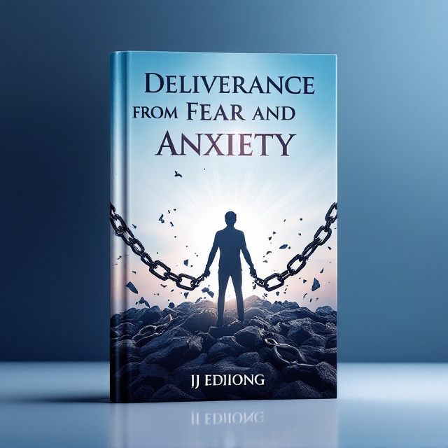 A serene blue gradient background transitioning from a deep, calming blue at the top to a lighter sky tone at the bottom. In the center stands a silhouette of a person breaking free from heavy, dark metallic chains, with fragments of the chains flying outward, symbolizing liberation. Soft rays of light shine from behind the figure, emphasizing a spiritual and victorious feeling. Around the breaking chains, subtle doves in flight add a touch of spiritual awakening and freedom.