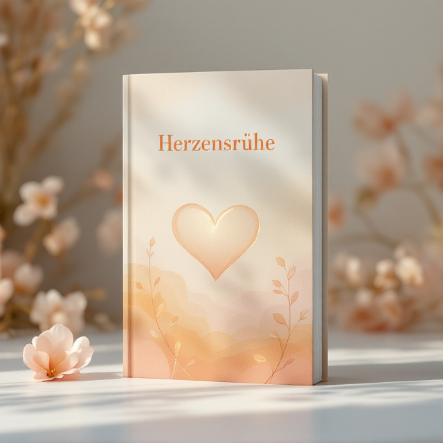 A soft and delicate watercolor heart is centrally placed on a background that transitions seamlessly between pastel orange, warm beige, and soft rosé hues. A faint golden light radiates gently from the heart, creating a harmonious glow. In the upper background, soft rays mimic a sunrise, while abstract, flowing nature-inspired shapes (such as organic leaf or petal motifs) subtly frame the heart, adding a serene yet dynamic touch. No hard lines are present, with all elements softly blending into one another.