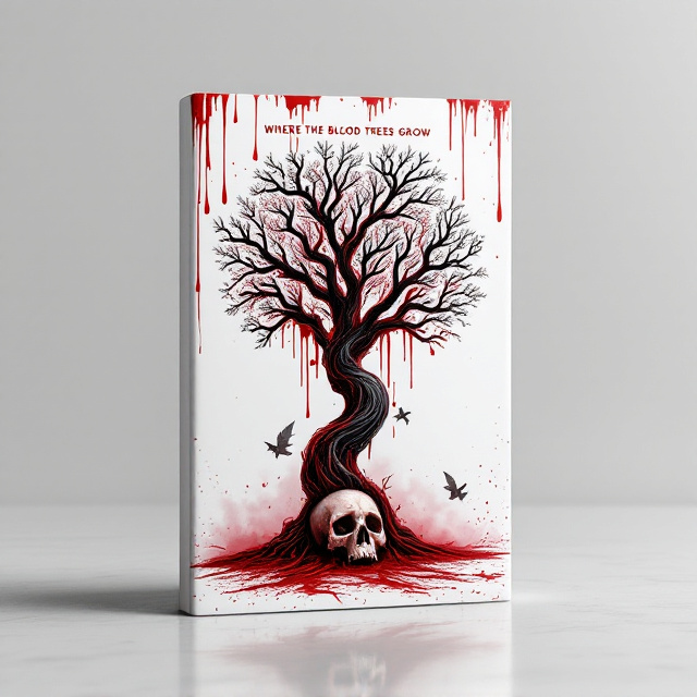 A stark white background splattered with realistic blood drips cascading from the top. In the center stands a hauntingly detailed Dragon Blood Tree, its bark and intricately designed branches seeping thick, viscous red sap that mirrors blood. At the base of the tree lies a weathered skull, half-buried in an eerie mist that subtly swirls across the lower portion of the cover. The tree’s silhouette casts a faint, twisted shadow, amplifying its mystery.