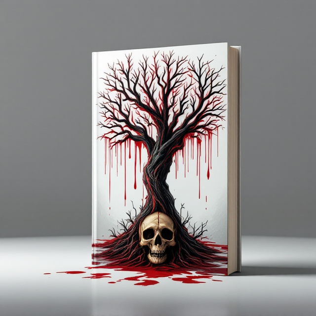 The cover has a stark white background fading into a slight, chilling gray gradient near the edges to evoke a sense of eeriness. At the center, there is a prominent Dragon Blood Tree, its twisted branches splaying outwards like sinister claws. The bark of the tree appears almost alive, with thick, dark red blood-like sap trickling down its trunk, pooling slightly at the base. A cracked, yellowed skull lies ominously at the foot of the tree, half-buried in the red pool as though consumed by it. From the top of the cover, blood drips down in uneven streaks, blending into the chilling white background. The visual style is haunting, with a minimal but striking color palette of red, white, black, and hints of shadowy gray.