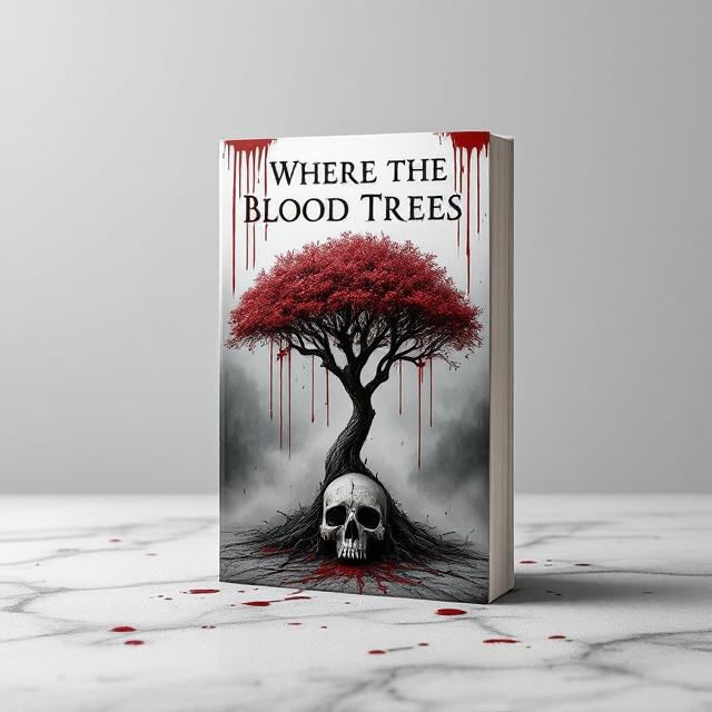 A stark white background dominates, creating a clean yet chilling contrast with blood-red drips extending down from the top edge of the cover. A Dragon Blood Tree with distinctive branches appears centered, its red sap visually exaggerated to appear as though blood is dripping heavily from its branches. A cracked skull rests at the base of the tree in the foreground, half-buried in shadow to hint at mystery. The scene has a sinister, fog-like haze surrounding the tree, adding an element of suspense and unease.
