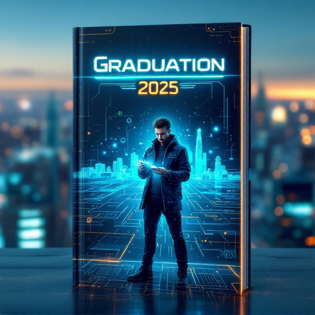 A futuristic cityscape in the background, with a glowing horizon depicting the year 2025. A young computer engineer in a sleek, modern outfit is depicted in the foreground with an adventurous stance, holding a gadget emitting holographic projections. Gears, circuit lines, and digital grids subtly merge into the skyline to symbolize engineering. The color scheme consists of metallic blues, neon greens, and hints of gold for a tech-meets-adventure feel.