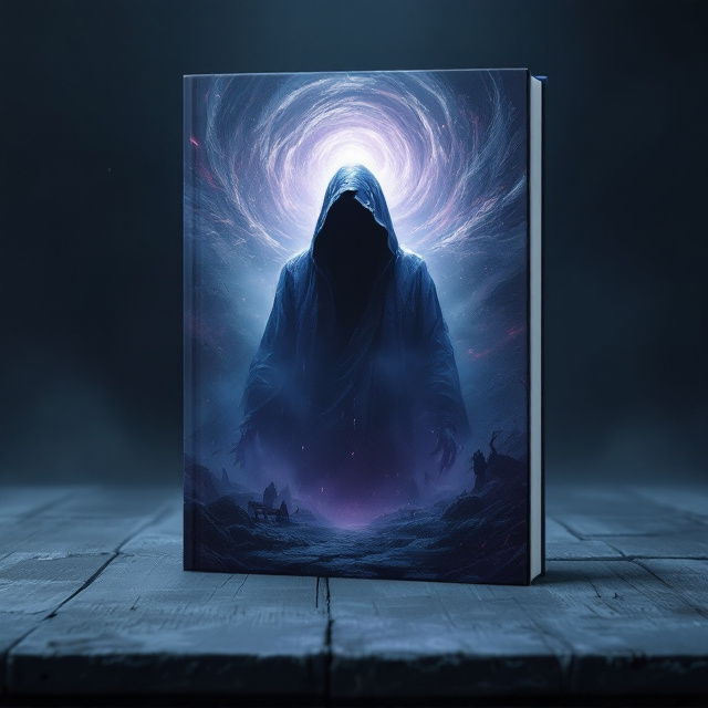A cloaked central figure shrouded in heavy mist stands at the heart of the cover, their form faintly illuminated by a dim purple glow emerging from within the swirling vortex. Surrounding them, nine semi-transparent entities symbolize the emotions. Fear looms nearest with glowing eyes and tattered fabric, Anxiety twists with chaotic jagged lines, Loneliness sits on a spectral bench glowing faintly, Melancholy weeps with rain cascading around, Time Anxiety frantically shifts with clock-hands-for-eyes, and the others—Love, Regret, Narcissism, and The Shadow—fill the rest of the scene thoughtfully. A stormy, swirling vortex background adds depth and intensity with subtle accents of crimson and indigo.