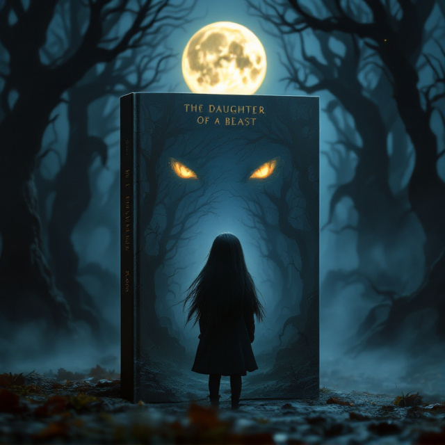 A dark, misty forest fills the background, with dense, twisted trees shrouded in shadow. The centerpiece is a little girl with straight black hair, standing front-facing in the foreground. Her golden, glowing eyes pierce through the darkness, capturing immediate attention. Behind her, faintly visible through the mist, looms a pair of larger glowing golden eyes, emanating a haunting presence. The full moon is placed high above, casting a soft, eerie glow over the scene, while the fog at ground level adds layers of depth and mystery.