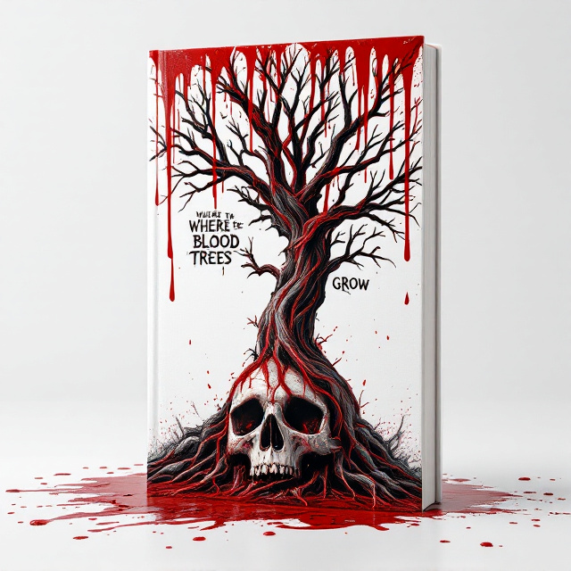 A stark white background dominates the cover, with blood dripping dramatically from the top edge of the page, creating a visceral and eerie effect. Centrally placed is a Dragon Blood Tree with gnarled branches from which thick, crimson sap drips. At the base of the tree, a realistic and cracked human skull lies partially embedded into the ground, giving the scene an ancient, haunting feeling. The blood dripping from the branches of the tree pools slightly on the ground around the skull.
