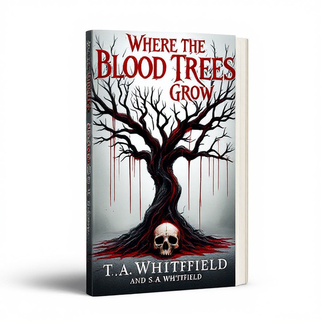 A stark white background serves as the canvas. Centered is a haunting Dragon Blood Tree with twisted, gnarled branches. Deep red sap drips menacingly off the tree's branches, pooling onto the stark ground below. A small, aged skull lies partially buried near the base of the tree, with visible cracks for a chilling effect. The top of the tree fades into shadow to evoke an air of mystery, while the sap looks glossy and wet, contrasting against the matte background.