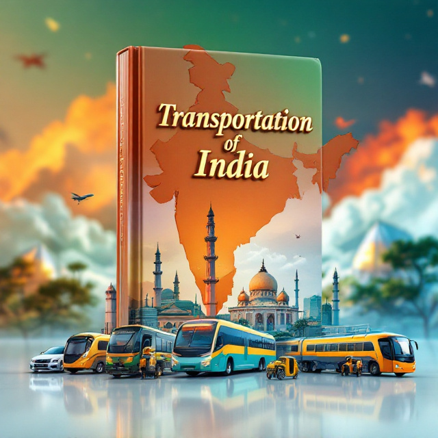 A lush, panoramic view of India’s diverse transportation systems, featuring vehicles like trains, buses, rickshaws, and airplanes prominently in the foreground. The background showcases the map of India subtly overlaid with a gradient of vibrant colors (orange, green, blue) to create a glamorous and patriotic effect. Metallic finishes are added to highlight key elements like the skyline or vehicles to amplify the glamour.