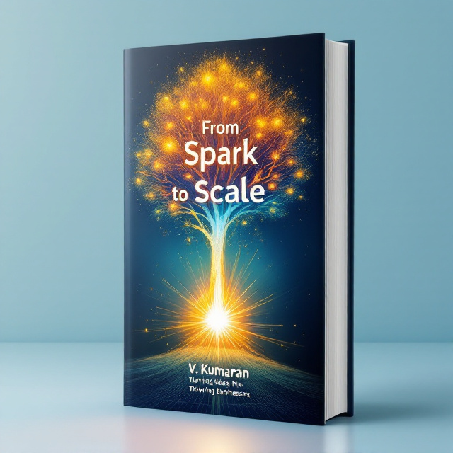 A glowing spark emerges at the bottom center of the cover, transitioning upwards into a radiant and flourishing tree-like structure, abstract yet modern in design. The tree's branches glow in orange, gold, transitioning into deep blues and greens, symbolizing the journey of growth and scaling. The background features a minimalist gradient blending lighter shades of blue with hints of orange, adding depth but maintaining focus on the central imagery.