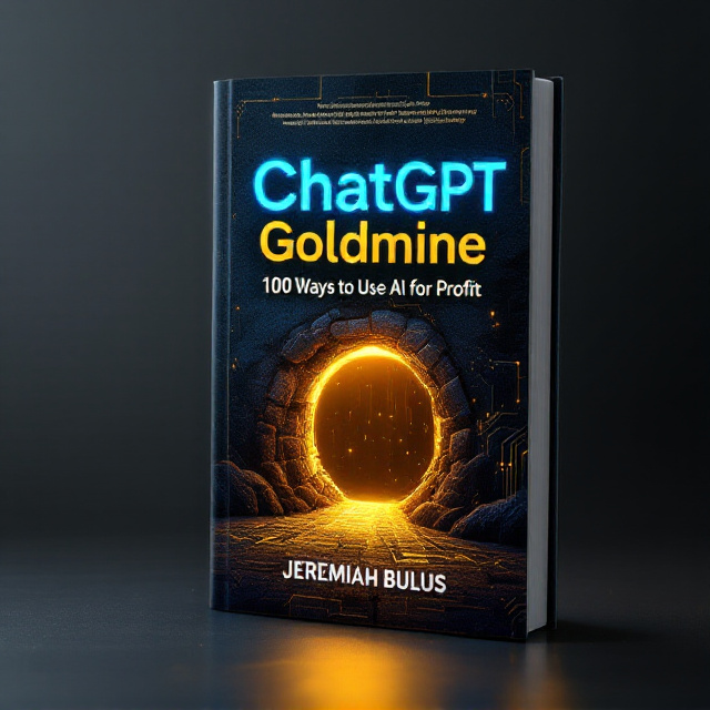 A glowing gold mine entrance is centered on a dark, textured background with hints of a circuit board pattern. Golden light pours out of the mine, illuminating the title "ChatGPT Goldmine 100 Ways to Use AI for Profit" placed prominently at the top. A silhouette of a professional figure, possibly reaching toward the mine, is subtly integrated to tie in the human and AI connection.
