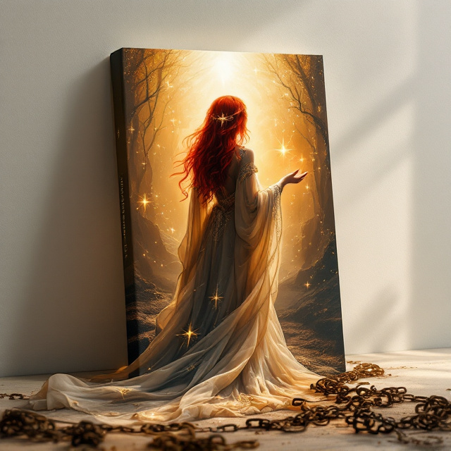 A red-haired woman is depicted from behind in a flowing, intricately-detailed gown with celestial accents and embroidery that reflect her divine essence. Her vivid red hair cascades down her back, slightly illuminated by the bright, radiant light she reaches toward. The background gradually transitions from a shadowy, desolate scene into an encompassing glow of golden-white radiance at the top of the cover. Shadows of twisted vines or fragments of broken chains linger at her feet, symbolizing her liberation from confinement. Her outstretched hand is highlighted as the central focus, bridging the darkness and light in the composition.