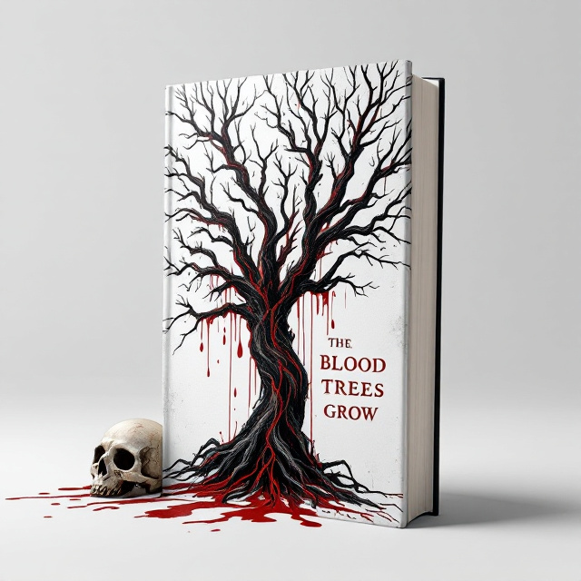 A stark white background sets the stage. In the center of the cover, a Dragon Blood Tree dominates the visual. Its twisted, haunting branches are dripping bright crimson blood onto the white ground, creating a macabre, chilling effect. Below the tree, a small, weathered skull sits partially hidden in shadows, adding a sense of foreboding. The blood pools slightly around the tree roots, creating veins-like imagery that visually connects the tree and ground. The overall tone is stark yet eerie, emphasizing fear and suspense.