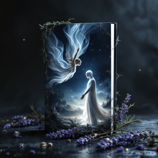A dark, surreal fantasy scene. The cover is dominated by a dreamlike image of the ethereal sky, glowing faintly in shades of indigo and black. In the top left corner, the blonde woman floats upside down, her flowing moonlit dress painted in soft silvers and whispers of white. Her profile is turned toward the bottom right corner, with her sapphire-blue eyes giving a sense of longing. In the bottom right corner, the albino man stands in a similar pose, his hair stark white, and his garments subtly glowing against the darkness. Their almost-touching hands form the emotional focal point. Herbs like lavender, anise, and rosemary swirl lightly across the scene, adding enchantment. Surrounding the design, thorn-covered vines form a haunting yet intricate frame. Shadows fill the background, but subtly emerging within is the ominous pair of golden, almost transparent masculine eyes watching them.