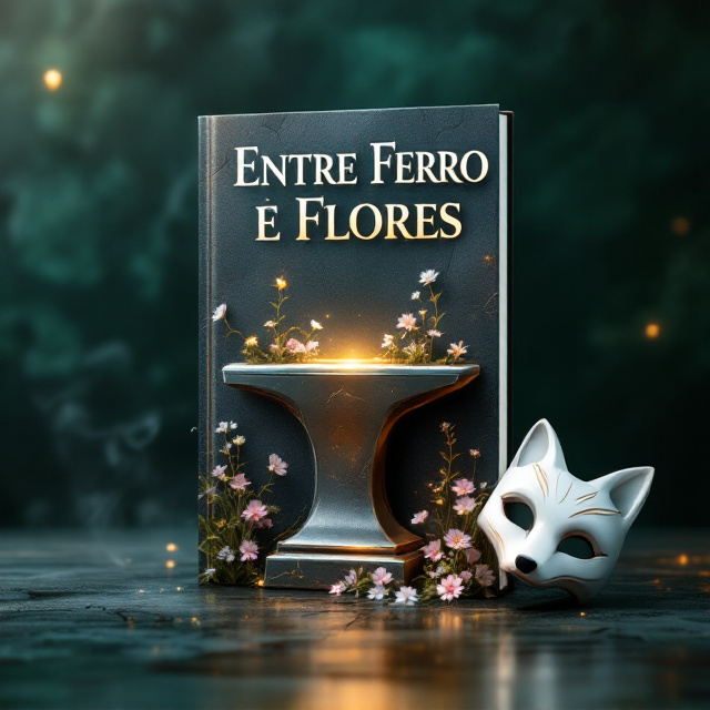 A dark and textured moss green background resembling old, weathered stone or metal. At the center of the cover is a glowing, slightly off-centered silver anvil (bigorna) with delicate, wildflowers blooming out of the cracks and edges of the metal. To the right side of the anvil, leaning partially against it, is a mysterious tilted white fox mask with golden accents, its hollow eyes staring forward. Soft shadows and gleams of light emphasize the mysterious atmosphere. The misty edges and faint streams of smoke weave through the scene adding depth, with a moonlit aura casting dramatic highlights.