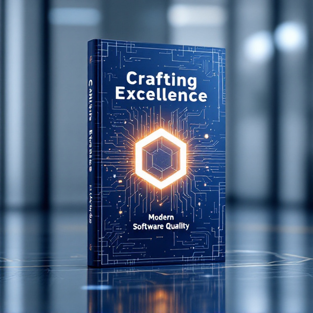 A futuristic blueprint-style design featuring complex code-like patterns and digital geometric elements in the background. The central focus is a glowing 3D hexagonal shape symbolizing precision and innovation, subtly layered with abstract symbols of technology such as circuits and analytics graphs. The color palette features shades of blue, white, and silver to convey professionalism and modernity.