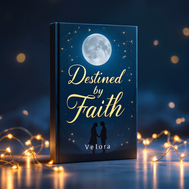 A calm, nightly sky in deep, rich dark blue forms the backdrop. The moon, appearing slightly off-center, glows softly, illuminating the fairy lights that intertwine gently across the edges and spiral subtly toward the moon. Silhouetted figures of the two characters stand on opposite lower corners—minimalistic, elegant, and ethereal—exuding a sense of quiet longing and connection. The lights appear to subtly bridge the gap between their silhouettes. The scene is infused with a dreamy, magical aura, with glimmers of warm light dancing across the cover.