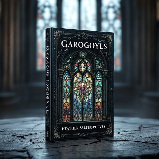 A striking focal point of a stained glass window dominates the center of the cover, intricately designed with gothic motifs, featuring intertwining gargoyles as part of its frame. The stained glass displays a muted, eerie yet vibrant balance of jewel tones, with grey undertones. A misty backdrop of a gothic cathedral towers fades along the edges, grounding the ethereal atmosphere.