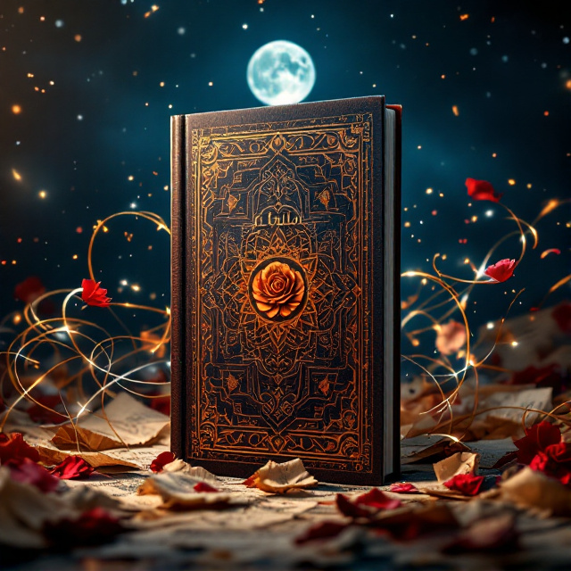 A centered, intricate wooden telar (loom) engraved with detailed patterns, painted in dark mahogany hues, with a subtle sheen to evoke age and care. Holographic, luminous threads in tones of gold, silver, and deep crimson emerge from the telar, weaving across the cover in delicate, swirling arcs. The background fades into a rich blue night sky, speckled with soft, distant stars. A translucent full moon, slightly off-center at the top, looms large and quiet, casting a faint glow over the telar. At the bottom, faintly floating in the air, are pieces of aged parchment and dried, sepia-toned rose petals, intertwined with the luminous threads.