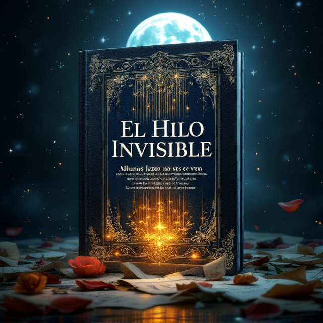An ornate, dark wooden loom occupies the center of the cover with intricate carvings glowing faintly, illuminated by threads of golden, scarlet, and silver hues delicately weaving upward into mesmerizing patterns that form an almost ethereal tapestry. Behind this, a translucent, oversized moon, tinged with faint silvers and whites, looms softly, casting mystic light over the scene. The background is a deep, endless midnight blue scattered with subtle silver sparkles evoking a starry sky. At the bottom, disheveled fragments of parchment and dried rose petals seem to float, rendered with soft shadows and depth to evoke emotion and intrigue.