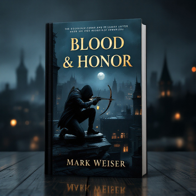 A shadowy figure of an assassin crouching on the edge of a rooftop in the dark. He is taking aim with a sleek, modern crossbow. A glimmering golden angel necklace dangles from his neck, catching the moonlight and contrasting ominously against the dark atmosphere. The background features a gothic city skyline with heavy mists and faint, glowing streetlights. The overall color palette includes deep blacks, dark blues, and splashes of gold.