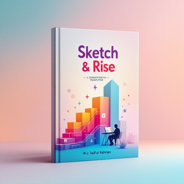A gradient soft pastel background flows from a warm sunlight hue at the top to cool earthy tones at the bottom. The central visual includes a vibrant sketchbook transitioning into a digital graph rising upward, surrounded by minimalist iconography such as a pen tool, a tablet, and a staircase overlay. The staircase design symbolizes growth and progression, while a solo designer figure in silhouette sits at their desk with coffee, a laptop, and headphones, resonating with the freelance spirit.