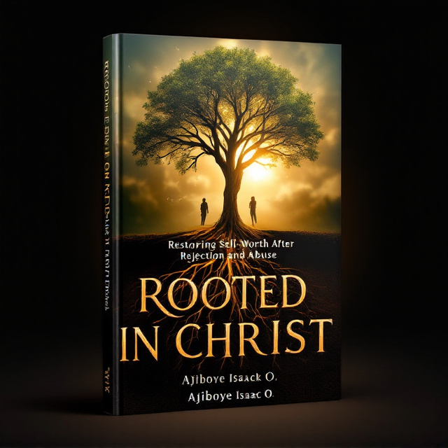 A peaceful and radiant tree with deep, glowing roots expanding into the soil to symbolize being firmly "rooted in Christ." The background transitions from the dark at the bottom (representing rejection and abuse) to a warm golden light at the top (representing hope and restoration). Subtle elements, like broken chains and faded silhouettes, can represent breaking free from past pain.