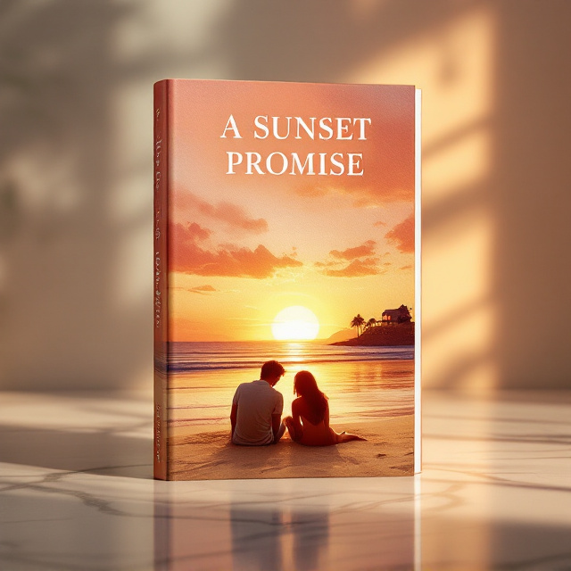 An illustrated serene beach at sunset dominates the back cover, with hues of gold, pink, and deep orange blending into the sky. Silhouettes of Eli and Amara are seated on the soft sand, capturing a tender, peaceful moment. Amara leans on Eli's shoulder, and he wraps his arm around her lovingly. Behind them, in the distance, a silhouetted dream house sits elegantly on an island. The beach scene seamlessly fades into a soft gradient at the edges to provide a natural transition to the typography.