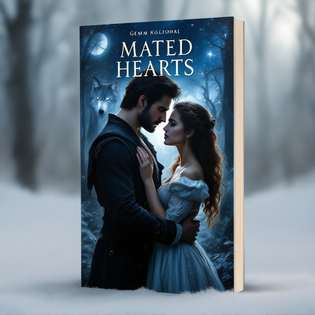 A moonlit forest scene in the background with a misty, ethereal glow. A strong, handsome man with piercing, intense eyes wearing historical attire holds a woman in a flowing, vintage dress close to him; they look deeply into each other's eyes with longing and passion. Behind them, bathed in shadows, a large, majestic wolf with glowing eyes watches protectively. The color palette includes deep midnight blues, silvers, and soft golden highlights.