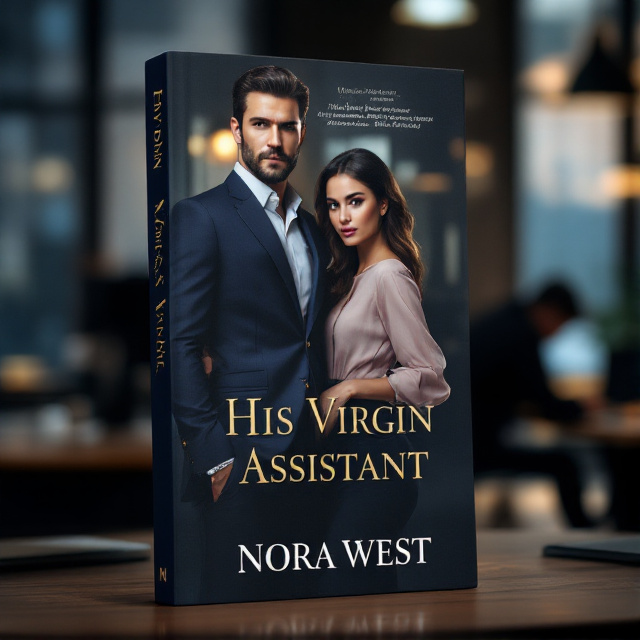 A dominant, tall, and well-built man stands slightly to the left, dressed in a sharp, tailored navy-blue suit with subtle gold cufflinks. His expression is stern yet captivating. A woman, standing a step to his side and slightly lower in stance, looks inward with a shy, uncertain expression, wearing a soft blush blouse. Behind them, blurred office elements such as faint outlines of windows, desks, and a shadowy blurred figure in the background hint at tension and mystery. The lighting is moody with strategic highlights on their faces, while a soft vignette surrounds the cover edges for depth.