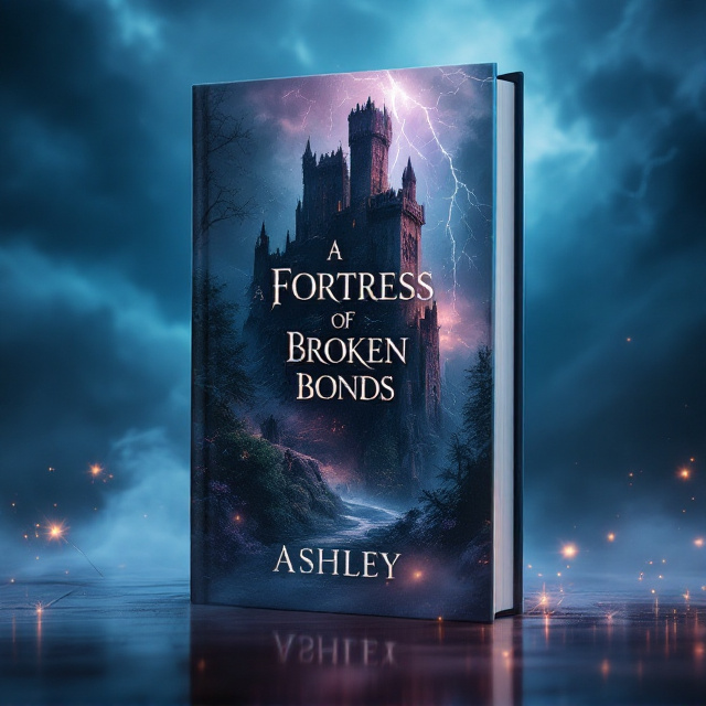 A towering, partially crumbled gothic fortress rises out of a dense and shadowy, enchanted forest, its edges softly illuminated by streaks of cold silver lightning against a turbulent, deep blue and violet sky. Whispering vines cling to the fortress walls, tinged faintly with muted rose blushes, symbolizing romance creeping through the darkness. At the bottom edge, subtle reflections of soft amber light hint at a hidden, warm connection, contrasting against the fortress’s cold, distant exterior. Swirling mists and faint magical sparks fill the foreground, giving a touch of enchantment.