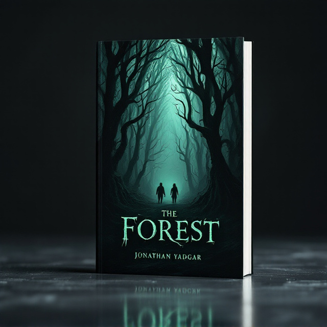A hauntingly dense, dark forest with towering trees that twist and warp unnaturally emerges from an ominous blackened background. Shadowy figures appear faintly within the trees, creating a sense of lurking danger. The forest floor is shrouded in mist, with faint streaks of dark green light breaking through gnarled branches above. A pair of eerie glowing eyes subtly peer out from within the shadows, adding tension and invoking fear.
