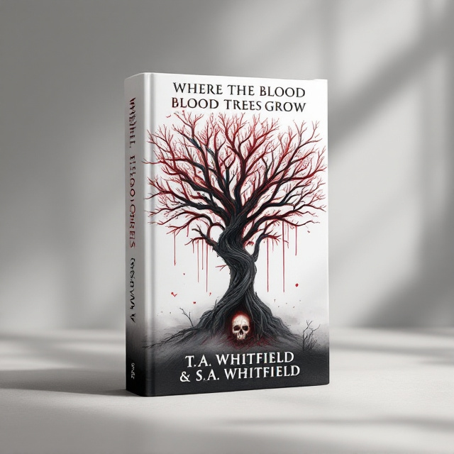 A stark white cover serves as the backdrop. A single, ominous Dragon Blood Tree with twisted, sprawling branches stands center stage, its blood-red sap dripping like tears. The tree's base is grounded in a swirling, ethereal fog, subtly revealing a small, haunting skull barely peeking through. The fog softly diffuses upwards, fading into the white background, creating an eerie, suspenseful atmosphere.