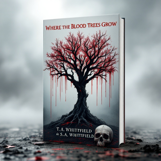 On a stark white background with a thick, eerie fog spreading across the design, a single, hauntingly realistic dragon blood tree stands in the center. Its branches and trunk appear to ooze vivid crimson blood, with small drops streaking down onto the ground. At the base of the tree lies a detailed, cracked skull half-buried in shadowy dirt. Light emerges faintly from the fog, emphasizing the tree's grotesque appearance and creating a chilling atmosphere.