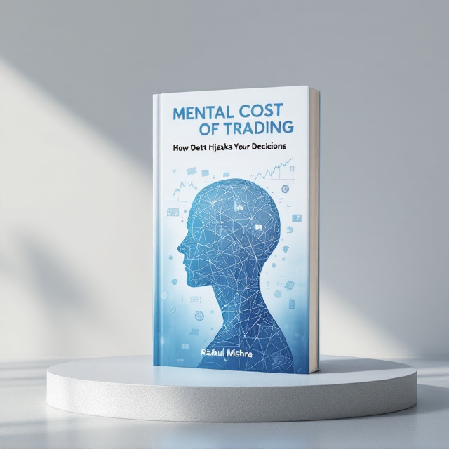 The cover features a sleek and minimalistic design. A subtle gradient of white and light grey makes up the background, symbolizing clarity and focus amidst chaos. At the center of the cover, there is a silhouette of a human head with intersecting lines and trading charts woven through it, representing the emotional and psychological aspects of trading. The silhouette is in a calming blue, creating balance. Surrounding this central image are subtle images of debt-related symbols (e.g., faded dollar bills, credit statements) blended into the background, but not overpowering the design.
