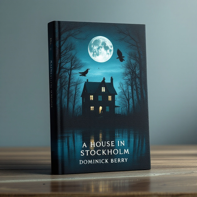 A dark two-story house stands in the middle of a dense woods, leafless trees surrounding it like ghostly fingers. The house is slightly tilted in perspective, focusing on an upstairs window illuminated with a glowing light. The silhouette of a mysterious woman peers out of the lit window. The night sky is a deep, textured dark blue with a bright, ominous full moon casting dim light over the scene. A still lake reflects an eerie distorted image of the house in the foreground. Two crows fly in the corner, their black forms adding movement to the stillness of the scene.
