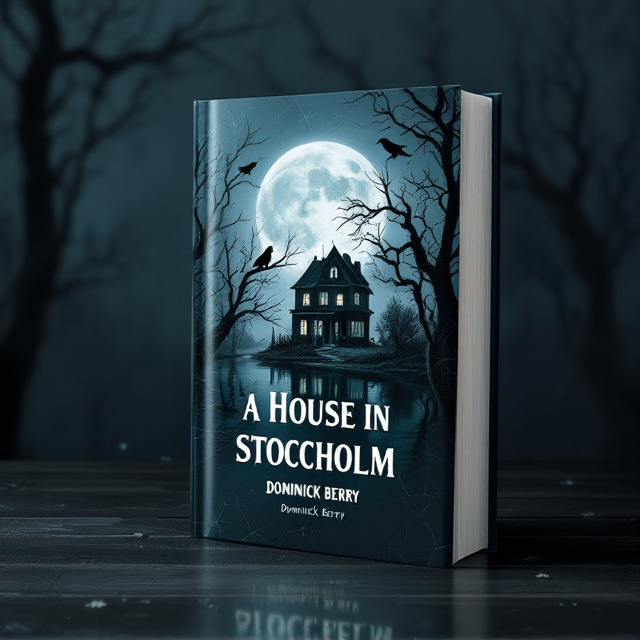 A shadowy, ominous two-story house stands in the middle of an eerie, dark-blue lake. Twisted, leafless trees encroach on the house from each side, their reflections rippling faintly in the inky water. A pale full moon looms in the backdrop, casting an icy glow, with a starless sky amplifying the sinister atmosphere. Two black crows are perched on the gnarled trees, while more crows are barely visible, circling in the sky. In the upper-left window of the house, a yellow light glows with the silhouette of a woman peering out, her figure alone against the darkness.