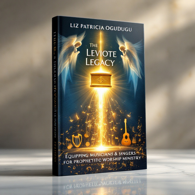 The focal point is the golden Ark of the Covenant, glowing with ethereal light, located in the upper center of the cover. Surrounding the Ark are angels, faintly depicted on either side, blending into the deep navy blue backdrop with flowing robes. Below the Ark, a pathway of radiant light descends, transitioning into musical notes and instruments (a harp, a lyre, and a contemporary guitar), carefully highlighted in a soft gold tone. The ancient Hebrew script subtly overlays the textured background in a faint and translucent manner, adding depth and reverence. The mantle is suggested as a semi-transparent, flowing fabric winding gracefully through the light path from the Ark to the instruments.