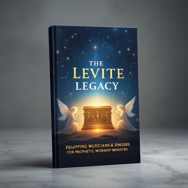Create a realistic 3D mockup of a standing book titled "The Levite Legacy Equipping Musicians & Singers for Prophetic Worship Ministry". The book is placed upright at a slight angle, standing on a textured, elegant surface with a neutral gradient background transitioning from deep royal blue at the top to soft gray at the bottom, ensuring clean contrast. The golden Ark of the Covenant dominates the upper portion of the cover, occupying the central space with intricate detailing, glowing softly and surrounded by a divine, warm light. Two ethereal angels with flowing robes and expansive wings are symmetrically positioned on opposite sides of the Ark; their postures are reverent as they kneel or hover gracefully, appearing to guard the Ark. The background of the book cover features a celestial theme with a deep royal blue tone and faint glowing star-like patterns complemented by subtle mist or glowing light rays for added depth and spirituality. The title, "The Levite Legacy," is centered prominently in bold white serif font with delicate gold gradient strokes that lend a subtle shine. Positioned directly beneath it, the subtitle, "Equipping Musicians & Singers for Prophetic Worship Ministry," is arranged in a smaller elegant white sans-serif font, maintaining a refined balance. At the bottom edge of the cover, the author’s name, "Liz Patricia Ogudugu," is written in gold uppercase lettering in a clean, modern sans-serif font and is centered, ensuring ample spacing around it for a sleek, uncluttered look. The book stands out in the mockup with realistic lighting and shadows cast on the surface, emphasizing its dimensionality and making the design visually appealing.