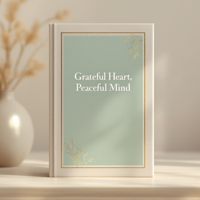 The cover features a serene, minimalist design with a sage green background complemented by a soft beige strip near the edges. Subtle floral line art in gold foil graces each corner, delicately framing the title. The central focus is elegant serif typography in cream, perfectly balanced to create harmony and evoke gratitude. The earth tone palette radiates calm and peaceful energy, completing its modern and gender-neutral appeal.