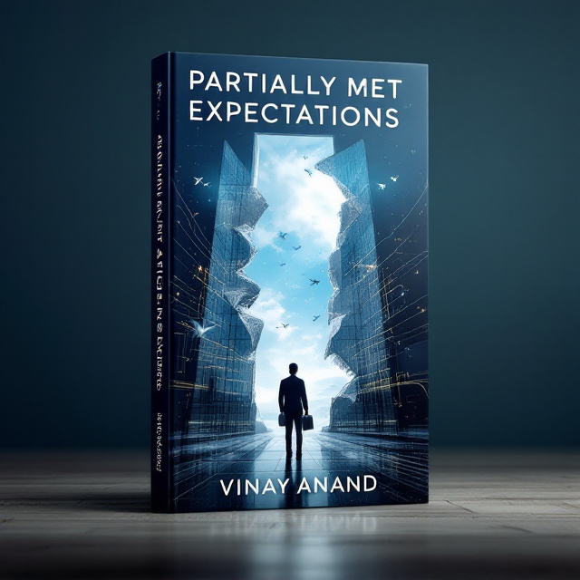 The cover features a bird's-eye view of a parametric glass office building with one of its windows popped open, symbolizing vulnerability in the system. Surrounding it are flight paths leading to or departing from airports, creating a sense of movement, transition, and a fast-paced corporate environment. In the foreground, there's a shadowy figure of a man (Arjun Mehta) holding a briefcase standing amidst a torn whistle—half shattering into pixels, representing both truth and destruction of ideals. The sky fades from a serene sky blue at the top to a darker hue at the bottom, hinting at the narrative’s tonal complexity. Subtle elements like mid-air yoga poses, faint screenshots of incriminating documents, and Indian corporate motifs are embedded like watermarks across the background.