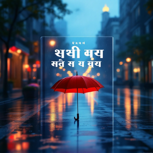 A serene, blue-toned post-rain cityscape that dominates the cover, softly painted to create a melancholic yet romantic atmosphere. In the foreground, a single bright red umbrella lies closed on a wet street, standing out vividly against the muted blue background. The clouds in the sky are breaking up, with faint golden light rays peeking through, symbolizing hope amidst the pain. Subtle water ripples and reflections of streetlights in puddles add depth to the scene. The overall vibe is quiet and somber, evoking a sense of love, sadness, and silence.