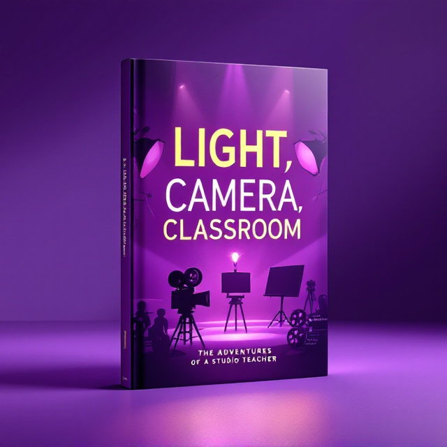 A dynamic purple background resembling a spotlight effect with a gradient to darker shades at the edges. A sleek silhouette of a film set (with camera, lights, film reels, and clapboards) fades into the backdrop in a semi-transparent style. The main focus is a bold interplay between the titular elements—‘LIGHT, CAMERA, CLASSROOM’—designed as graphic symbols (lightbulb for light, a camera icon, and a chalkboard representing the classroom). The artistic framing of these icons gives the cover a cinematic, energetic feel.