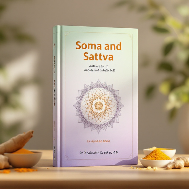 The cover features a calming gradient background that transitions from soft sage green at the top (symbolizing vitality and health) to a serene lavender hue at the bottom (evoking tranquility and mindfulness). The central focus is an intricate circular mandala design, symbolizing harmony, with Ayurvedic herbs like turmeric roots, ginger, and ashwagandha leaves subtly integrated into the pattern. Behind the mandala, a faint silhouette of a meditative figure is subtly blended into the gradient, exuding peacefulness. Around the title, delicate vine-like drawings of leaves and herbs wrap gently, reinforcing the connection to nature and Ayurveda.