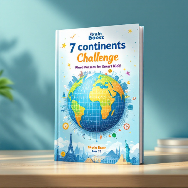 The cover features a vibrant illustration of a globe at the center, showcasing all seven continents in bright, playful colors like green, blue, and yellow. Around the globe, there are word search puzzle grids radiating outward in a circular fashion, with letters and words subtly highlighted to give the impression of completion. The background is a gradient of soft ocean blue blending into sky blue, with faint silhouettes of iconic landmarks (Eiffel Tower, Statue of Liberty, Pyramids of Giza) scattered subtly across the design. Fun, playful icons like compasses, magnifying glasses, and stars also decorate the edges of the cover, enhancing a sense of exploration.