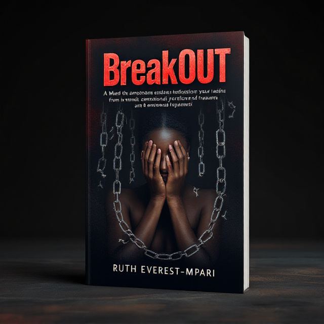 A dark, shadowy background in black and deep red tones transitioning into a rising sun or glowing light effect from behind the woman, symbolizing hope and freedom. A woman is displayed center-stage, her hands with broken chains draped at the wrists, while her palms gently cover her face. The chains hang downward, emphasizing the symbolic breaking of emotional trauma and manipulation. Subtle textures of cracks or shattering glass surround her.