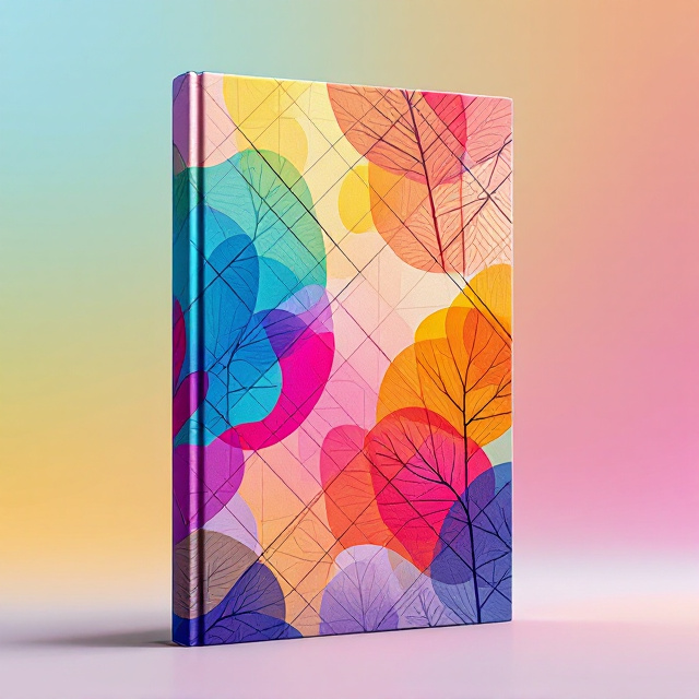 A vibrant and abstract design using an array of five distinct color elements blending seamlessly across the cover, symbolizing "五彩活力" (Five-Color Vitality). Intricate plant vein patterns flow diagonally across the canvas in translucent layers, creating a sense of organic connection. Over these patterns, geometric grid structures are overlaid, giving a structured, orderly look, while still feeling dynamic. The plants depicted have leaves that reflect the main color tones of the surrounding palette. The composition creates a balance between fluidity and rigidity, evoking joy and creativity with a touch of harmony and control.